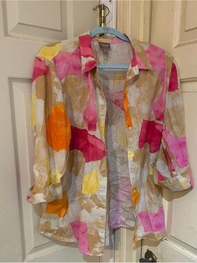 Chico's Multicolor Abstract Spot Button-Up Shirt - Pink, Orange, Yellow, Cream